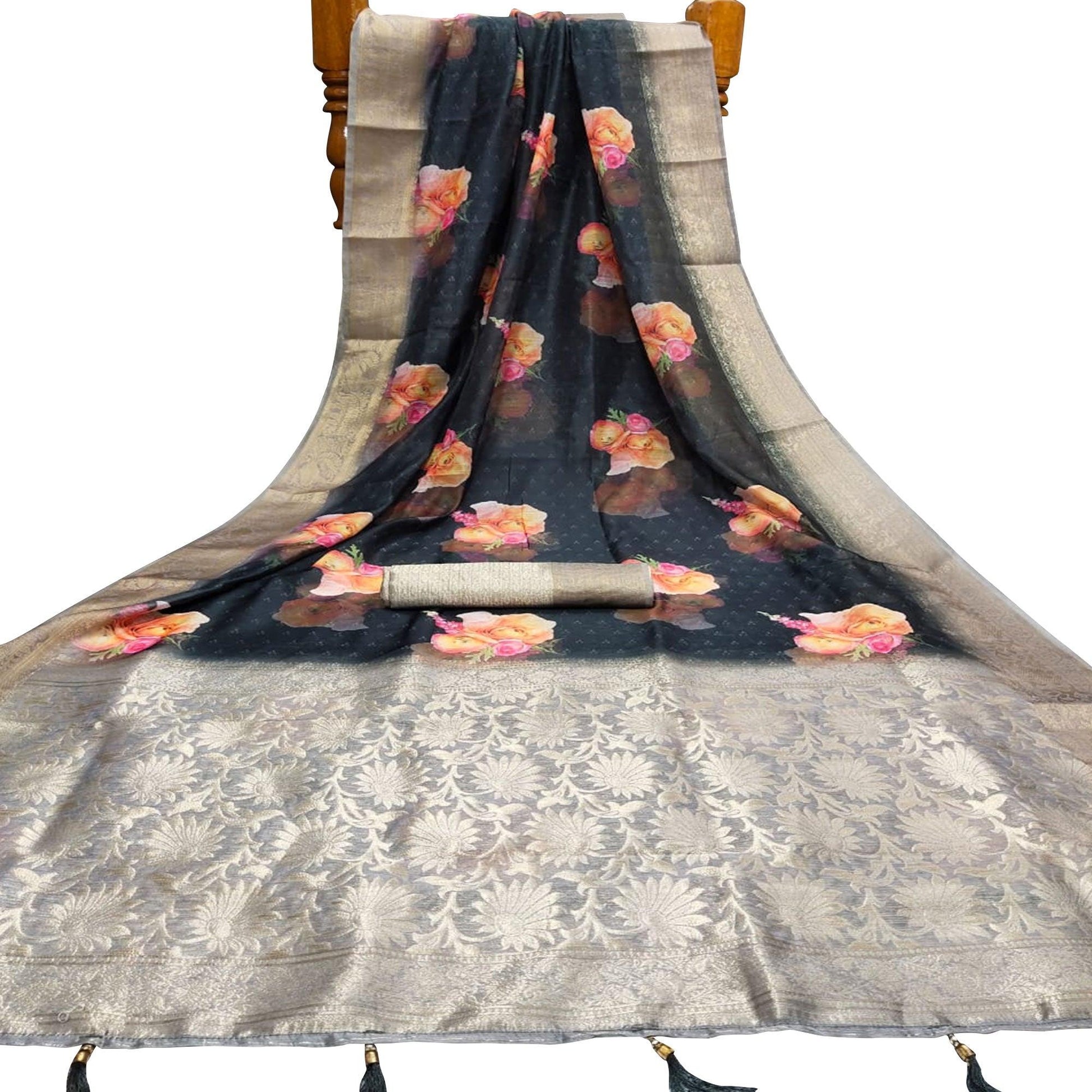 Classy Black Colored Festive Wear Digital Printed Silk Saree