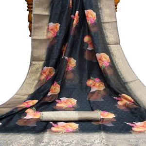 Classy Black Colored Festive Wear Digital Printed Silk Saree