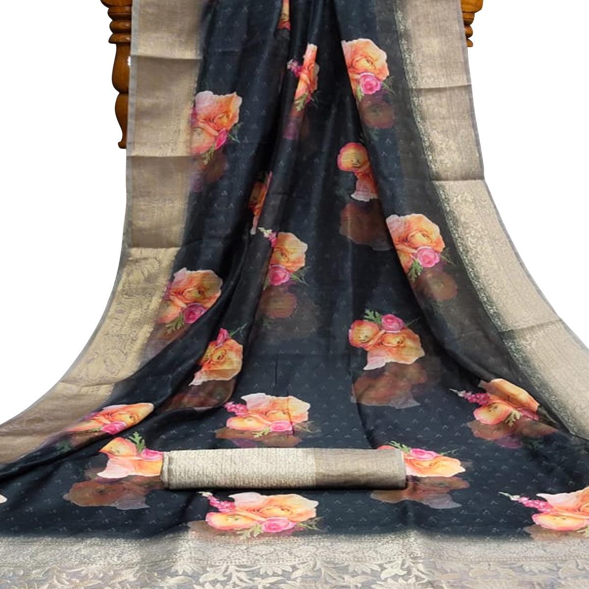 Classy Black Colored Festive Wear Digital Printed Silk Saree