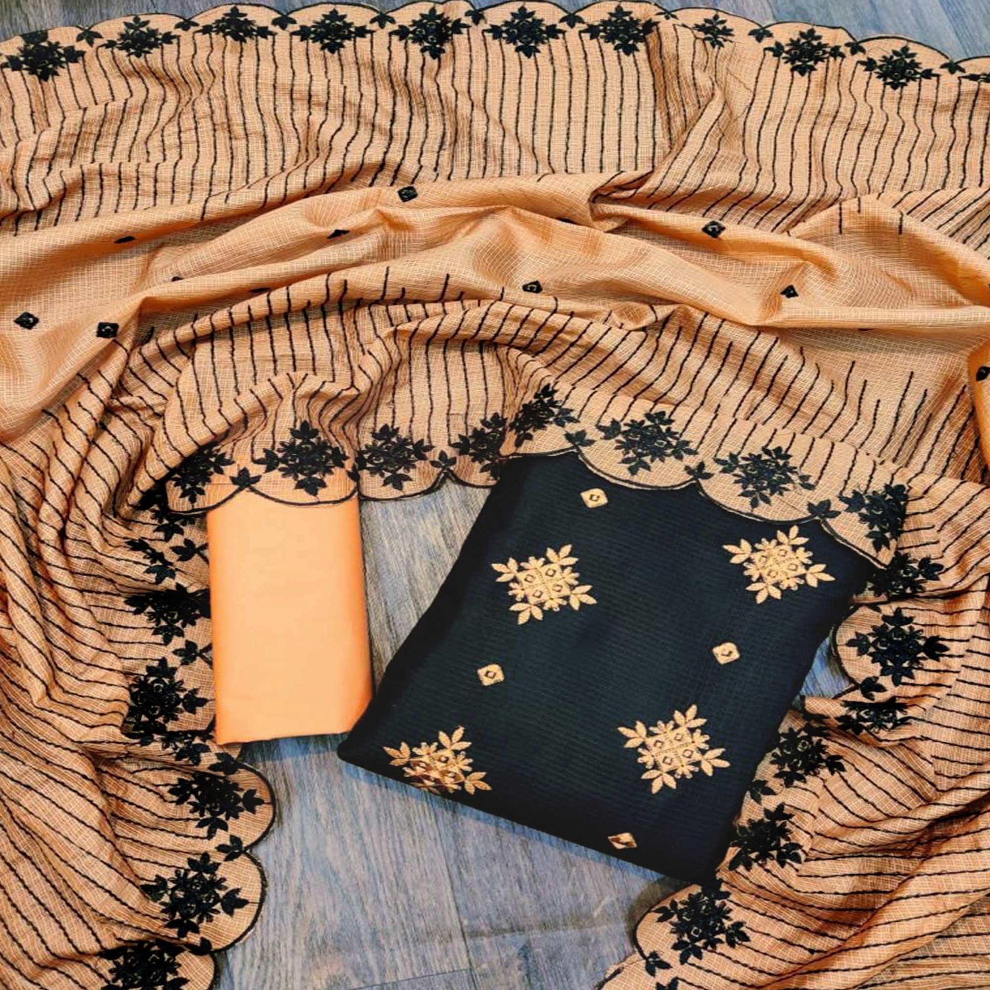 Classy Black - Orange Colored Casual Wear Embroidered Kota Chex Dress Material