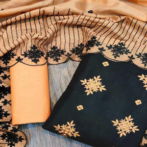 Classy Black - Orange Colored Casual Wear Embroidered Kota Chex Dress Material