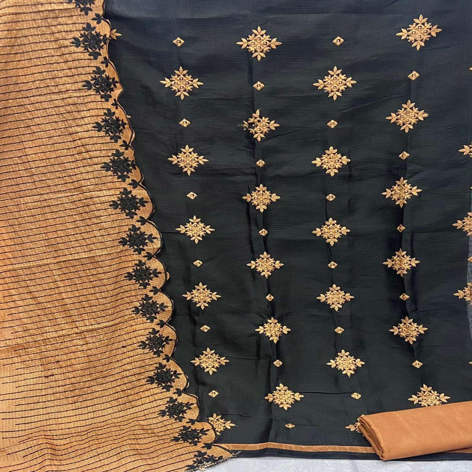 Classy Black - Orange Colored Casual Wear Embroidered Kota Chex Dress Material