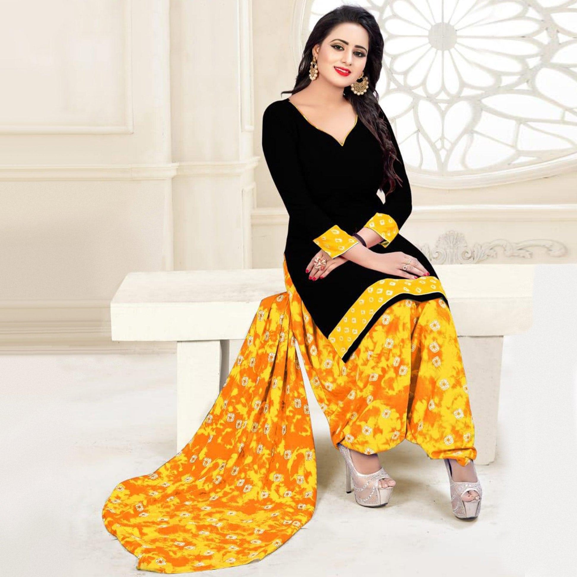 Classy Black - Orange Colored Casual Wear Printed Crepe Salwar Suit