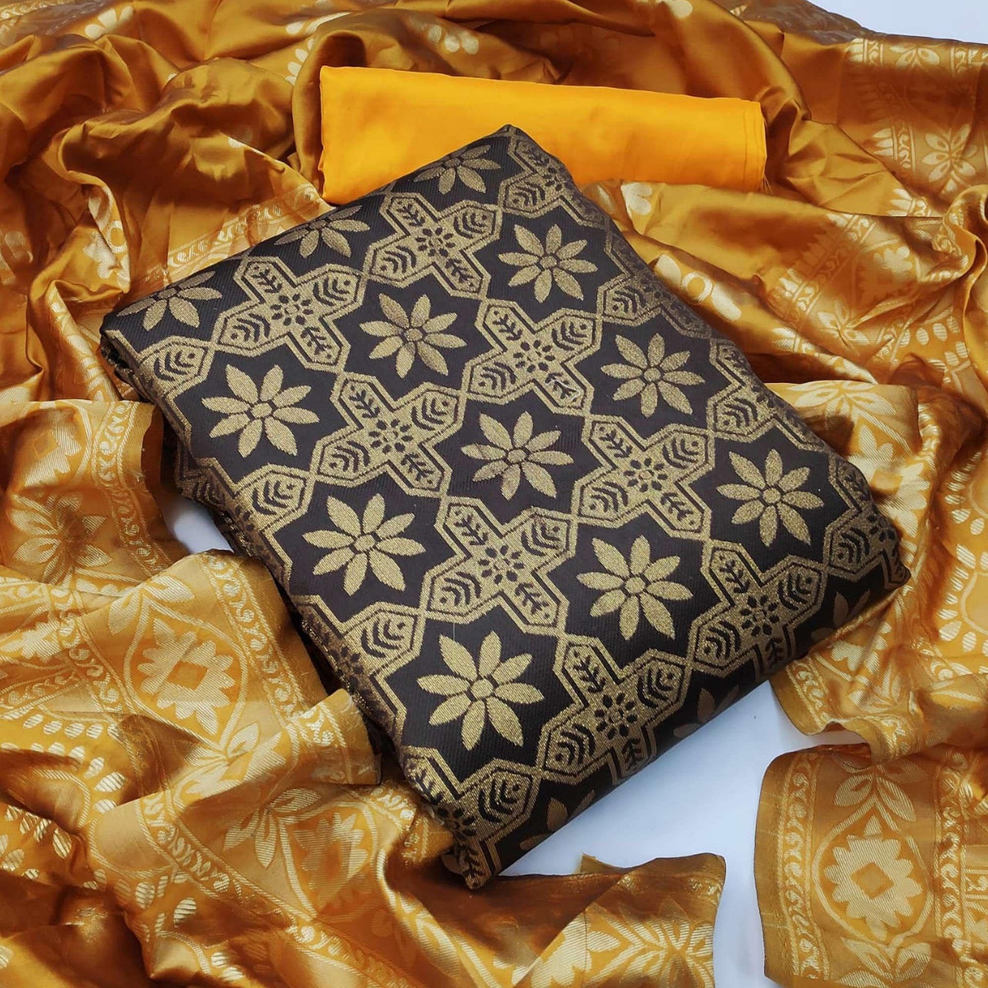 Classy Brown Colored Casual Wear Woven Banarasi Silk Dress Material
