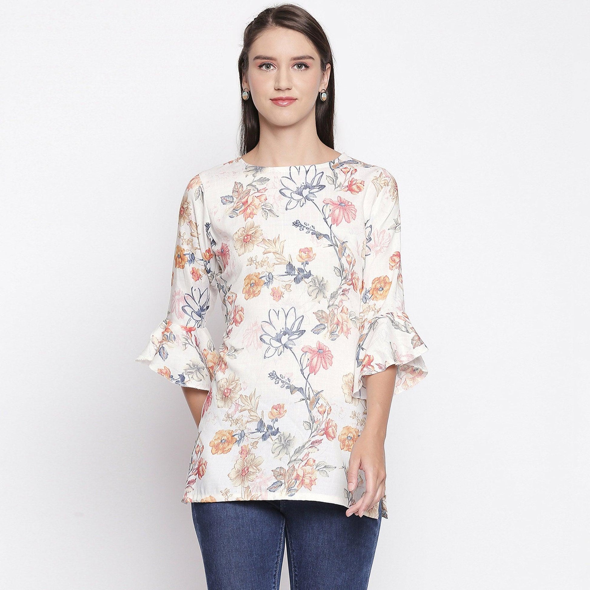 Classy Cream Colored Casual Wear Floral Printed Cotton Top