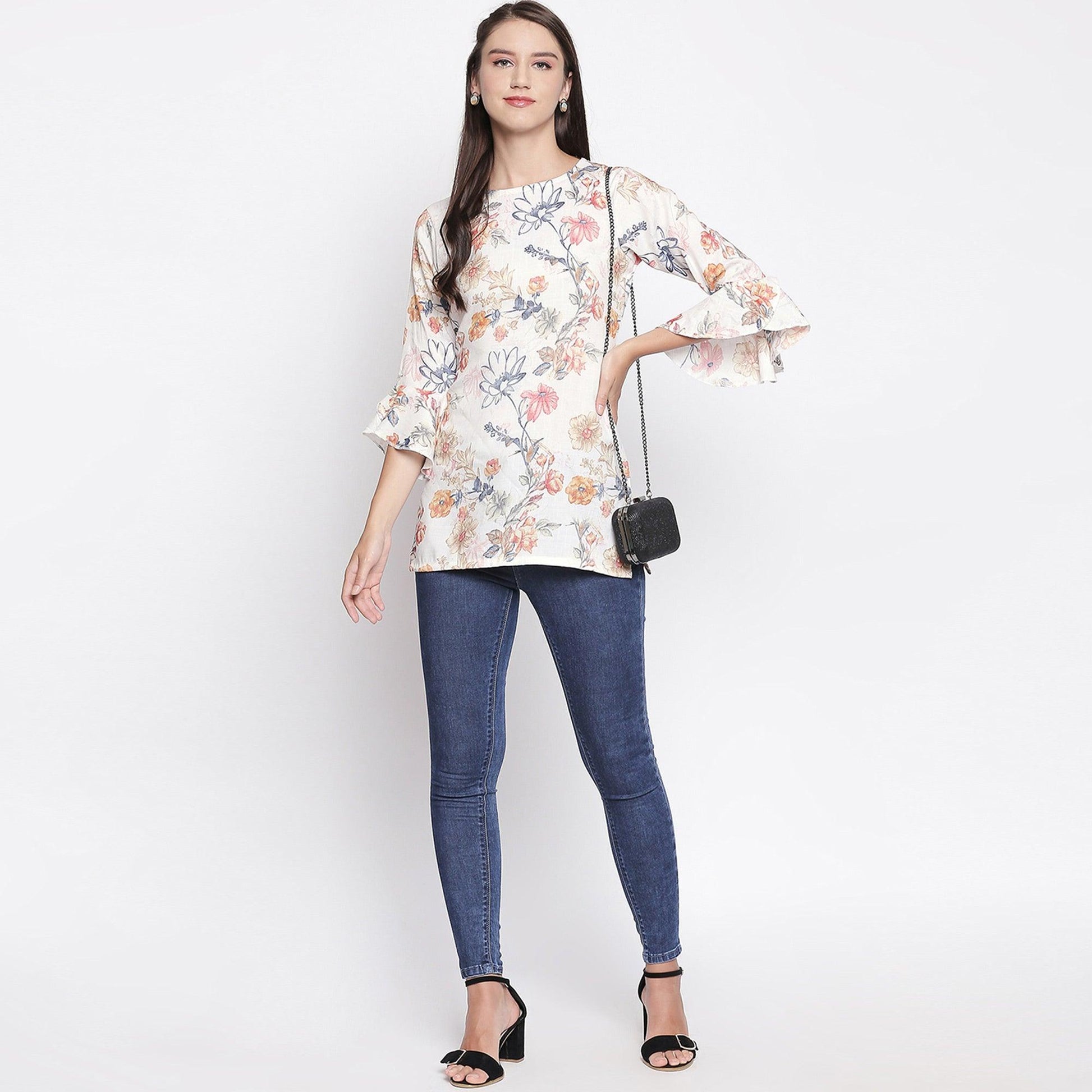 Classy Cream Colored Casual Wear Floral Printed Cotton Top