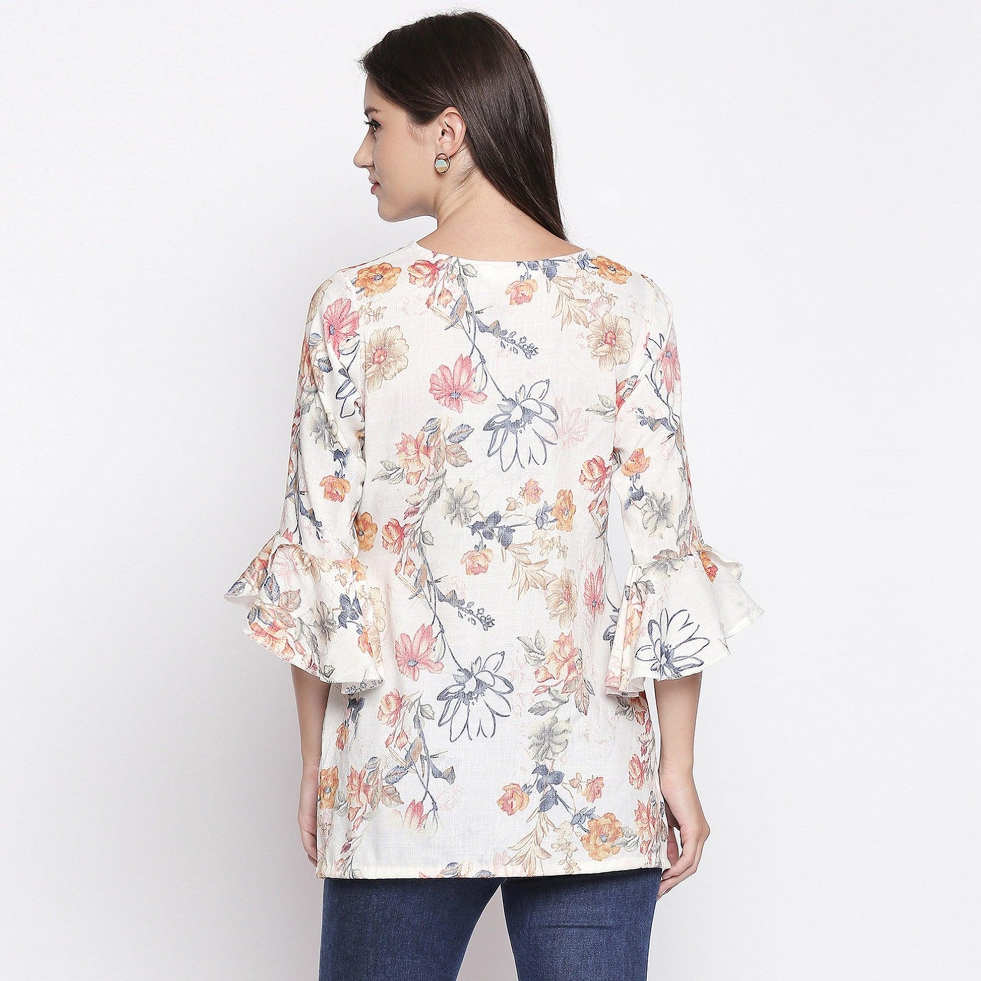 Classy Cream Colored Casual Wear Floral Printed Cotton Top