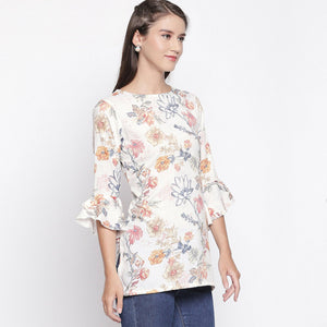 Classy Cream Colored Casual Wear Floral Printed Cotton Top