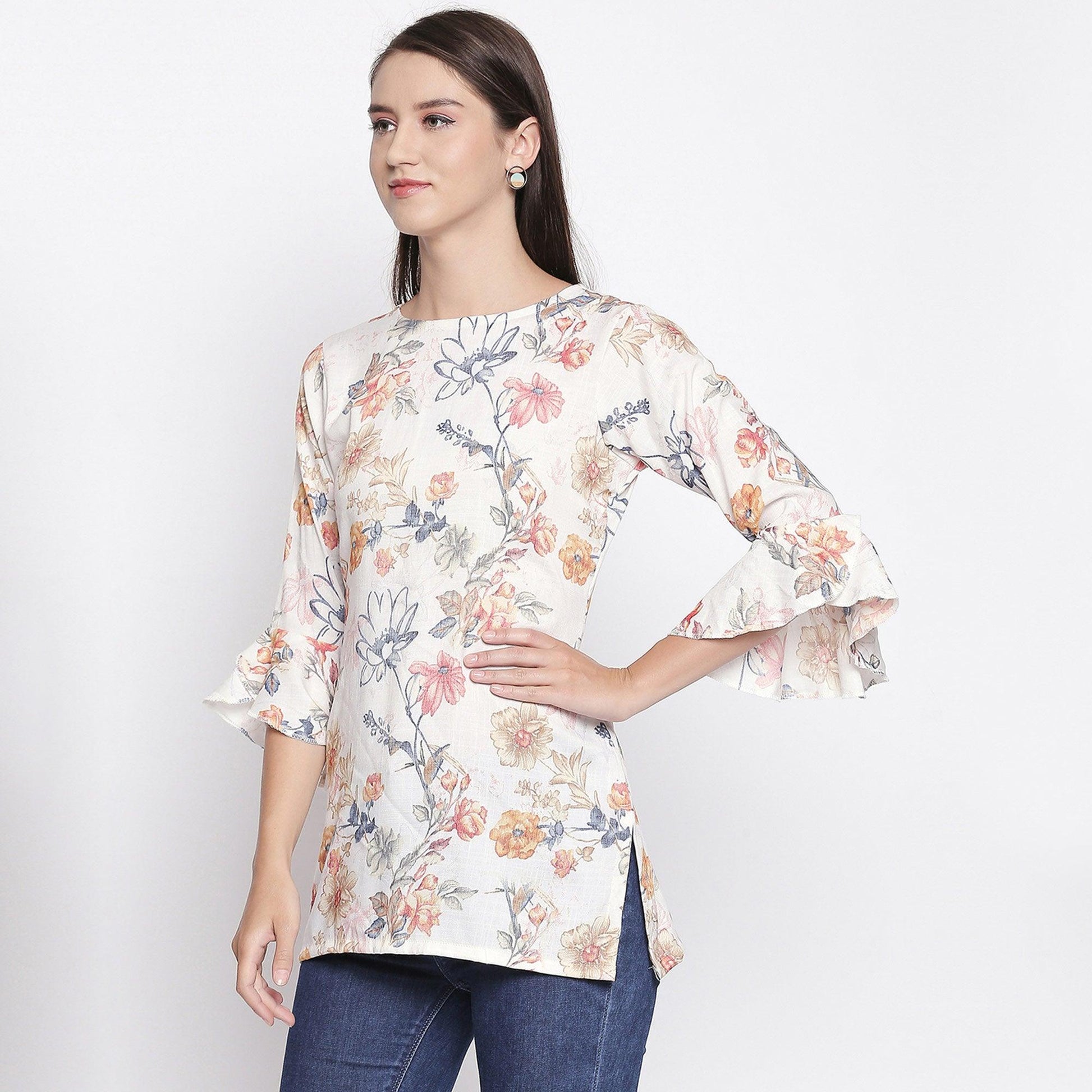 Classy Cream Colored Casual Wear Floral Printed Cotton Top