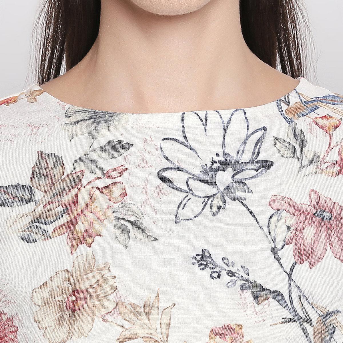 Classy Cream Colored Casual Wear Floral Printed Cotton Top