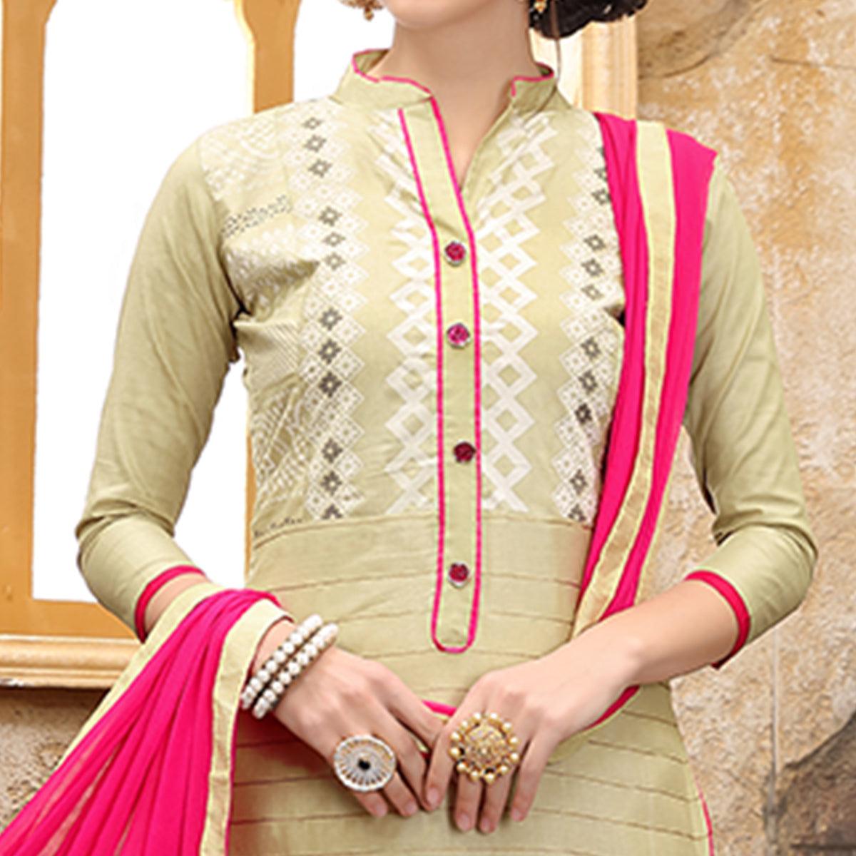 Classy Cream Colored Party Wear Embroidered Cotton Dress Material