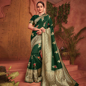 Classy Dark Green Colored Festive Wear Woven Designer Silk Saree