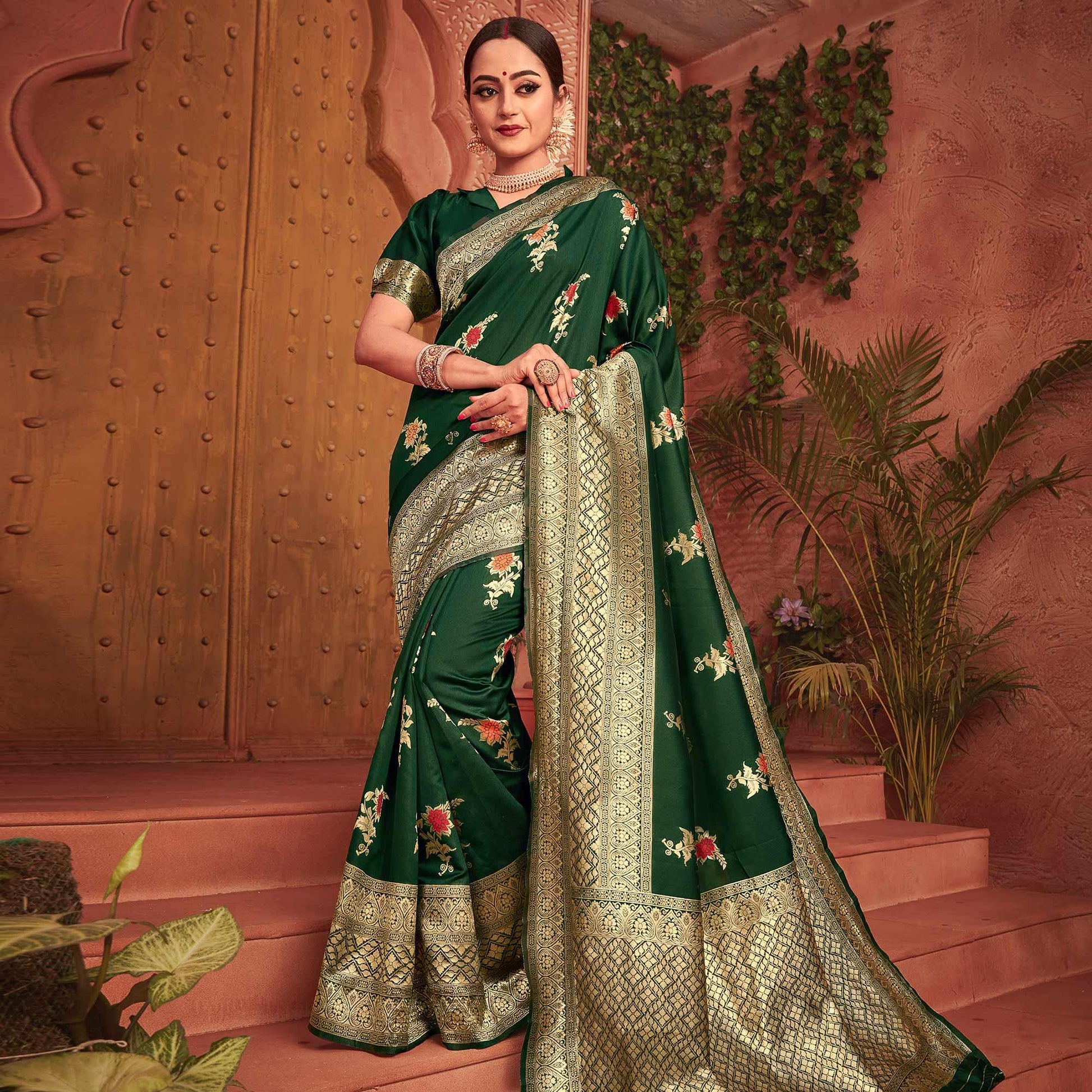 Classy Dark Green Colored Festive Wear Woven Designer Silk Saree
