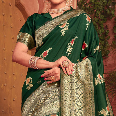 Classy Dark Green Colored Festive Wear Woven Designer Silk Saree