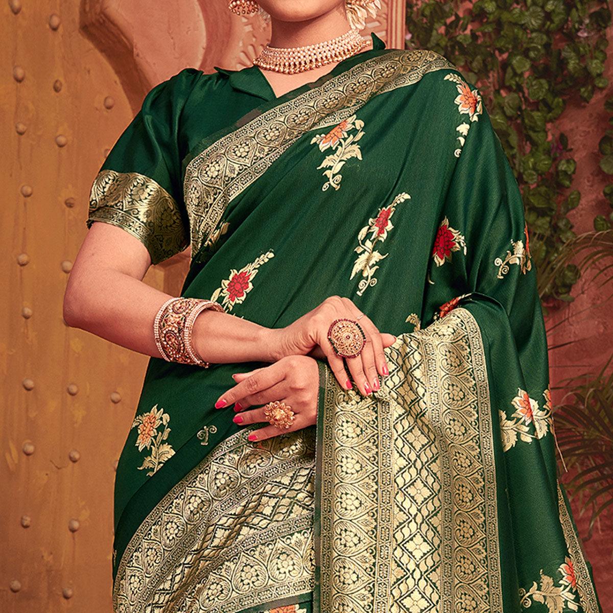 Classy Dark Green Colored Festive Wear Woven Designer Silk Saree