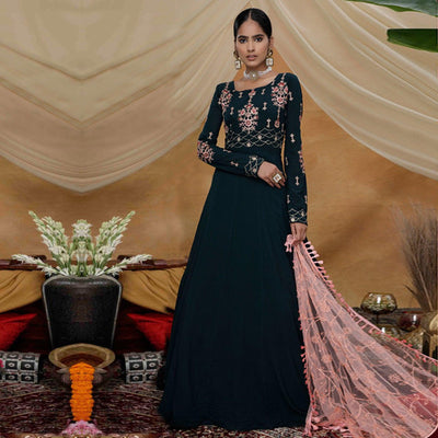 Classy Dark Green Colored Partywear Embroidered Georgette Anarkali Suit