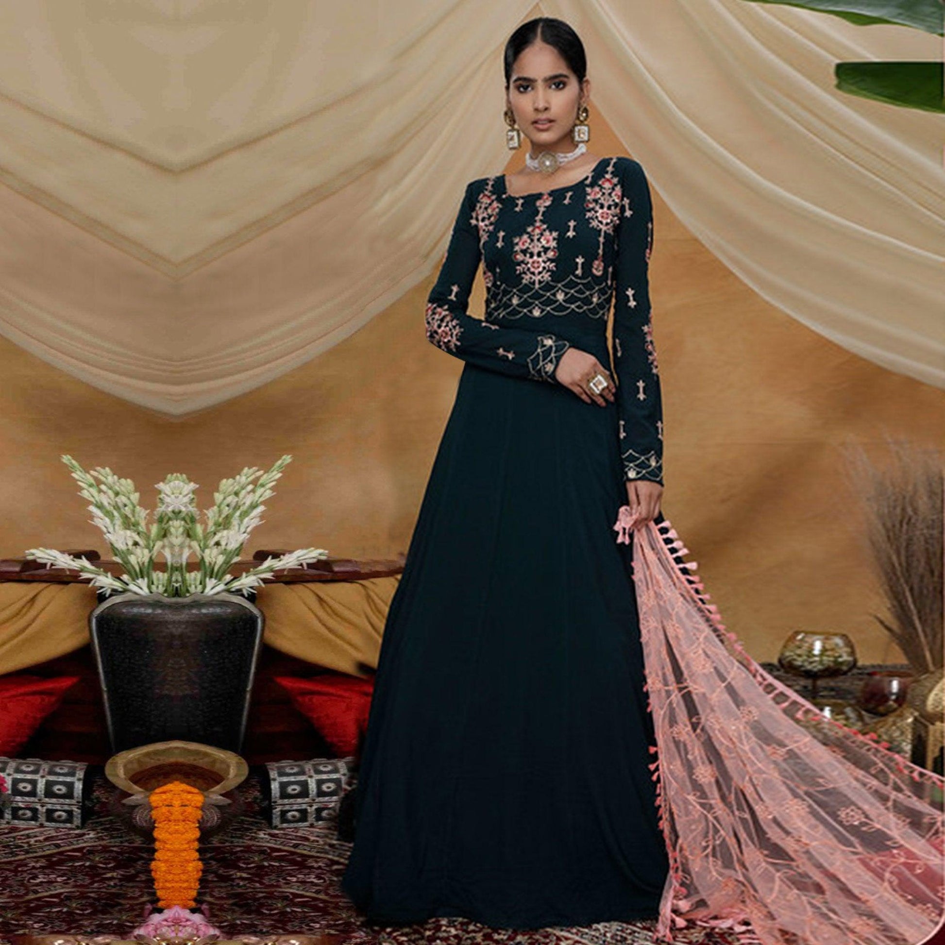 Classy Dark Green Colored Partywear Embroidered Georgette Anarkali Suit
