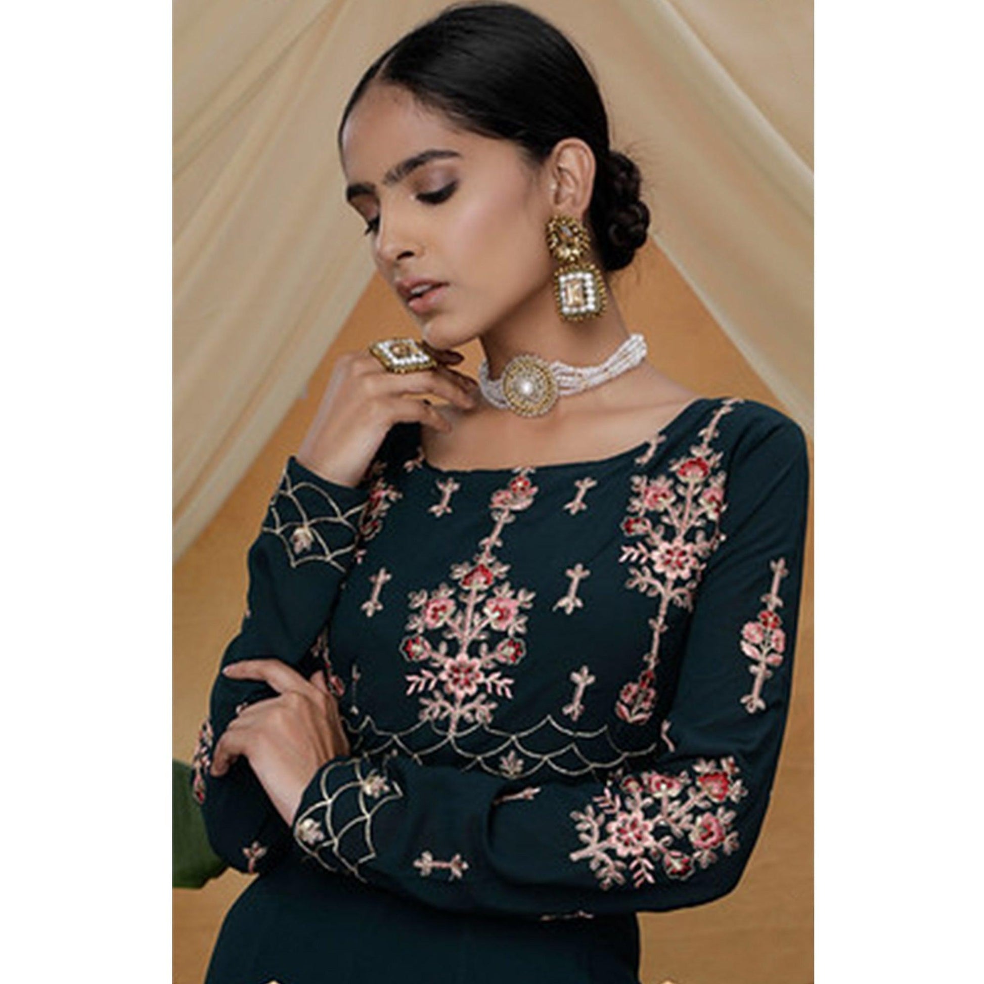 Classy Dark Green Colored Partywear Embroidered Georgette Anarkali Suit