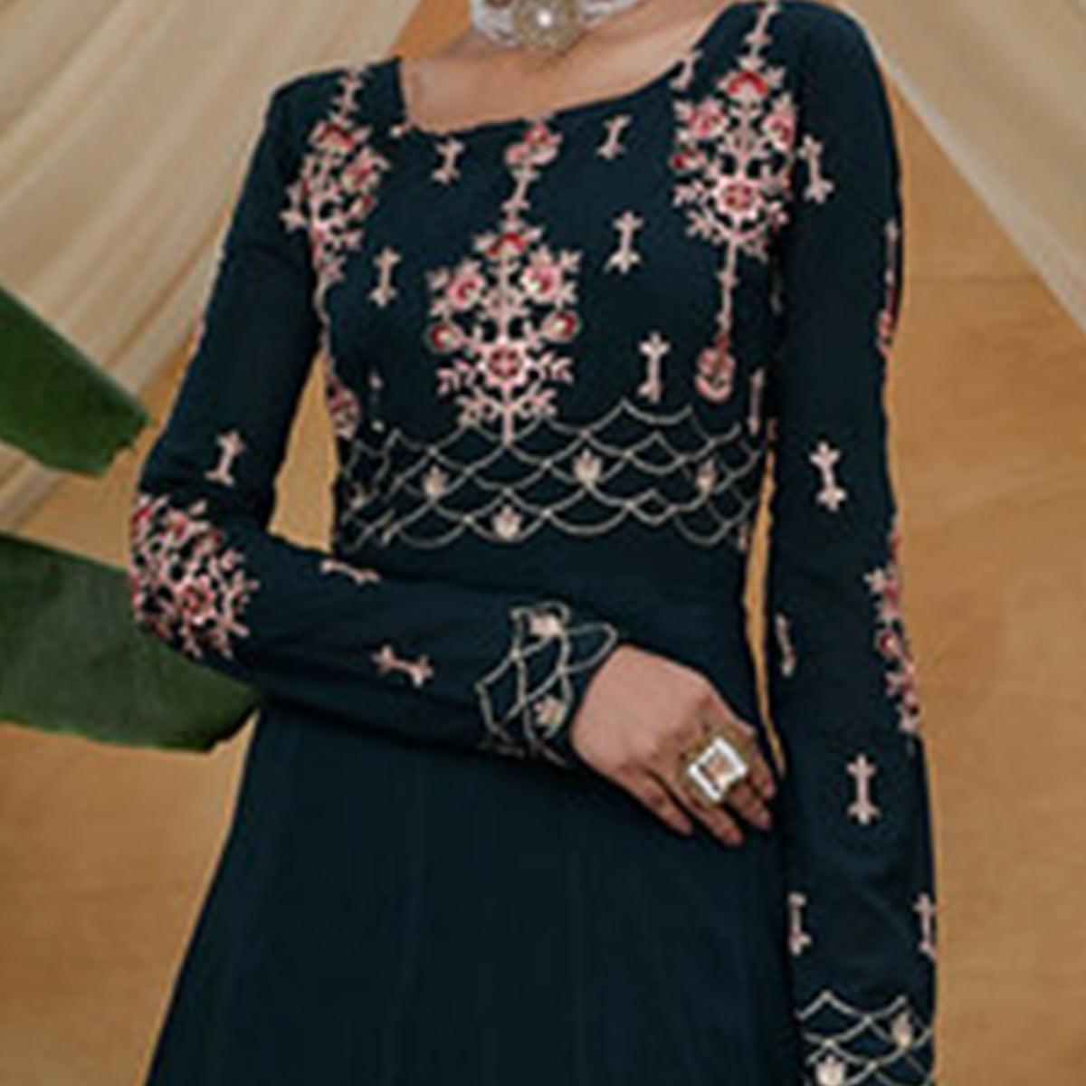Classy Dark Green Colored Partywear Embroidered Georgette Anarkali Suit