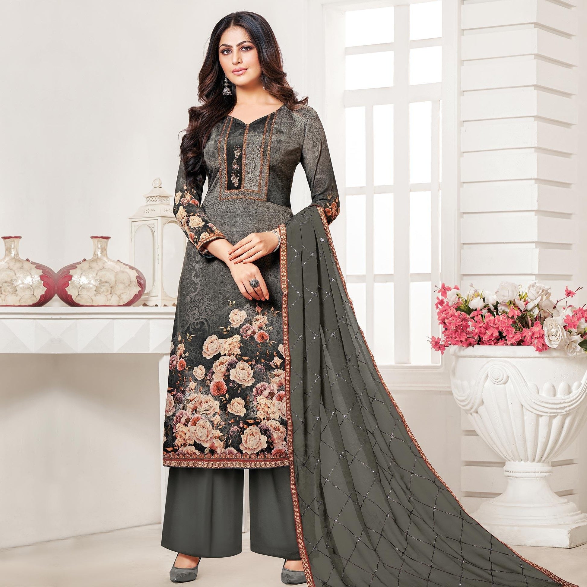 Classy Dark Grey Colored Digital Printed Pure Muslin Silk Dress Material
