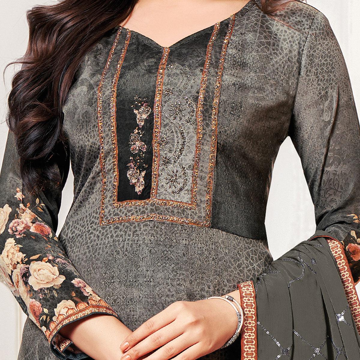 Classy Dark Grey Colored Digital Printed Pure Muslin Silk Dress Material