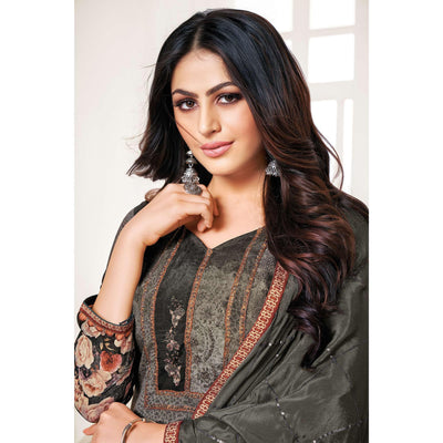 Classy Dark Grey Colored Digital Printed Pure Muslin Silk Dress Material