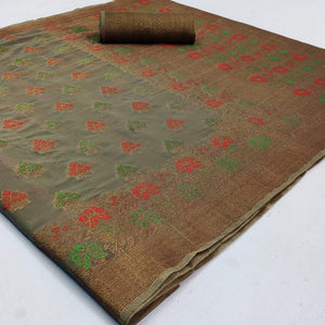 Classy Dark Grey Colored Festive Wear Woven Cotton Saree