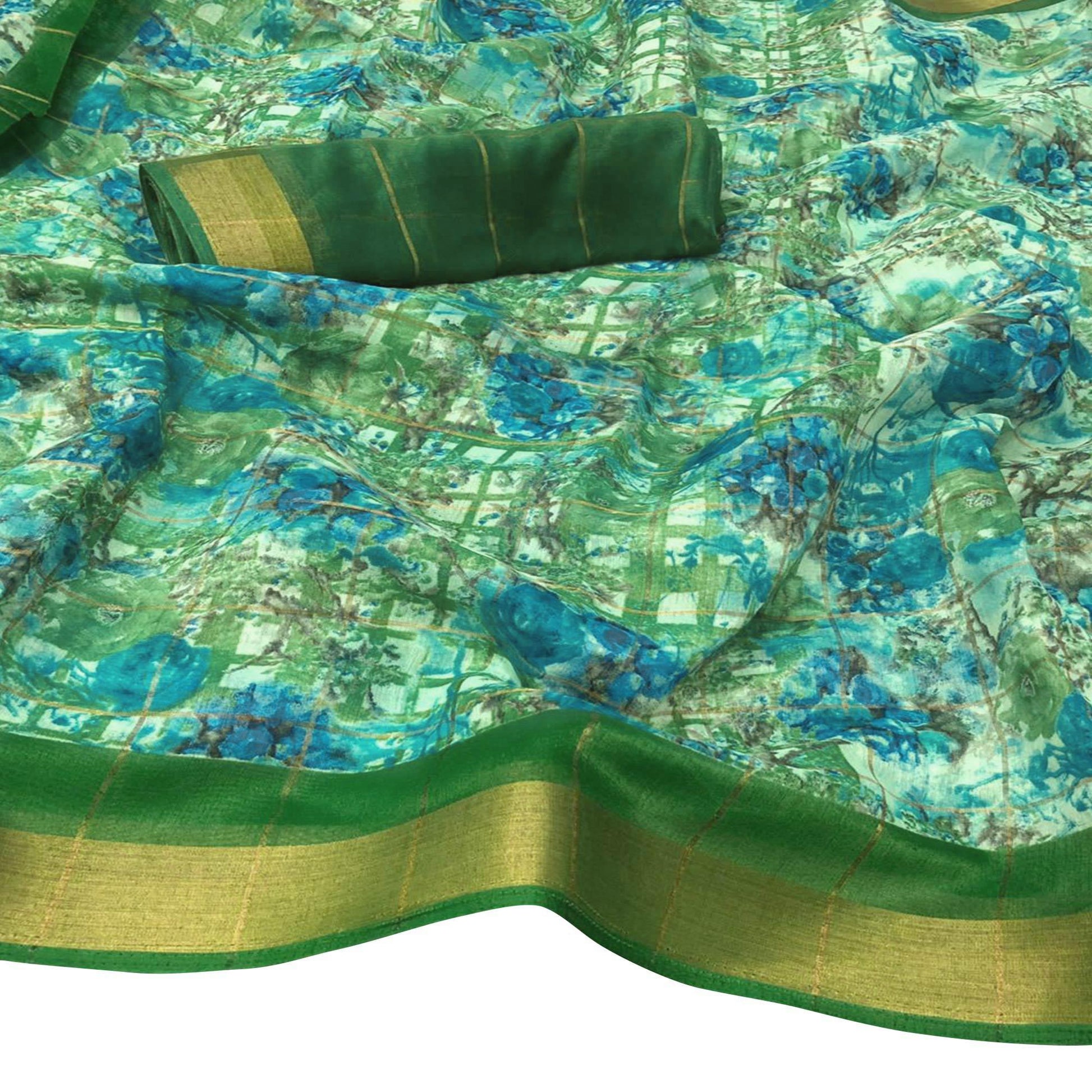 Classy Green Colored Casual Floral Printed Cotton Saree
