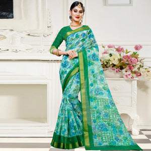 Classy Green Colored Casual Floral Printed Cotton Saree