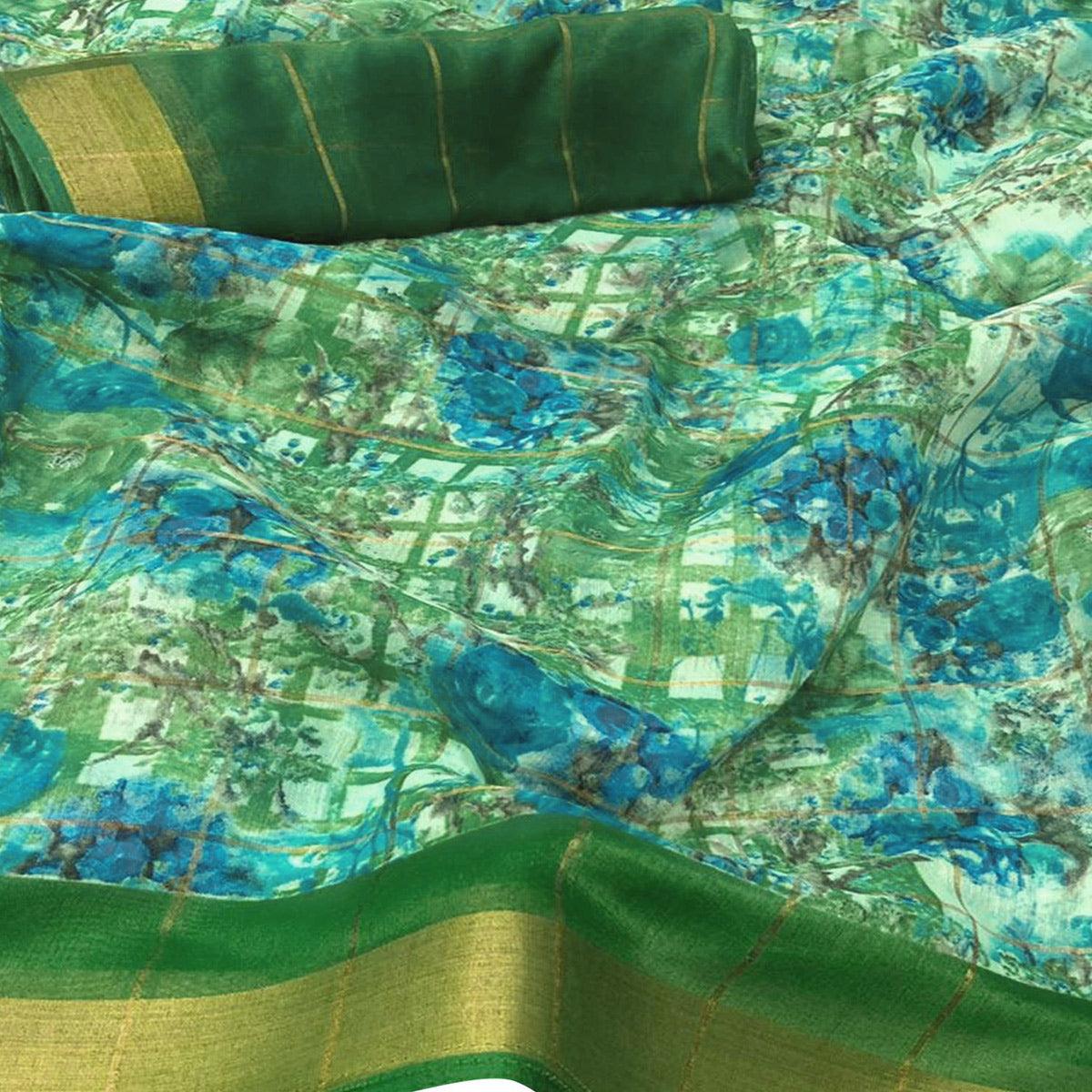 Classy Green Colored Casual Floral Printed Cotton Saree