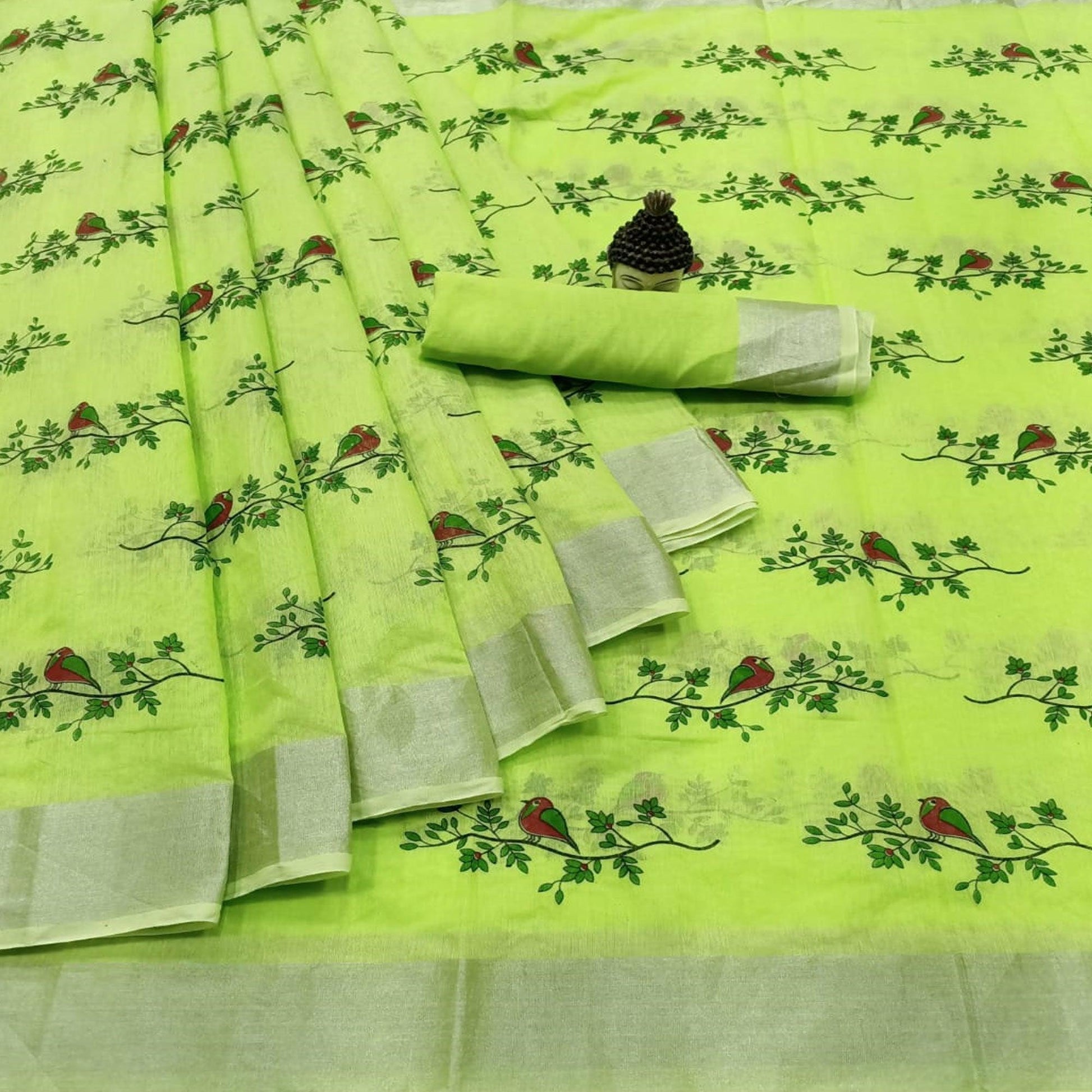 Classy Green Colored Casual Wear Printed Cotton Linen Saree
