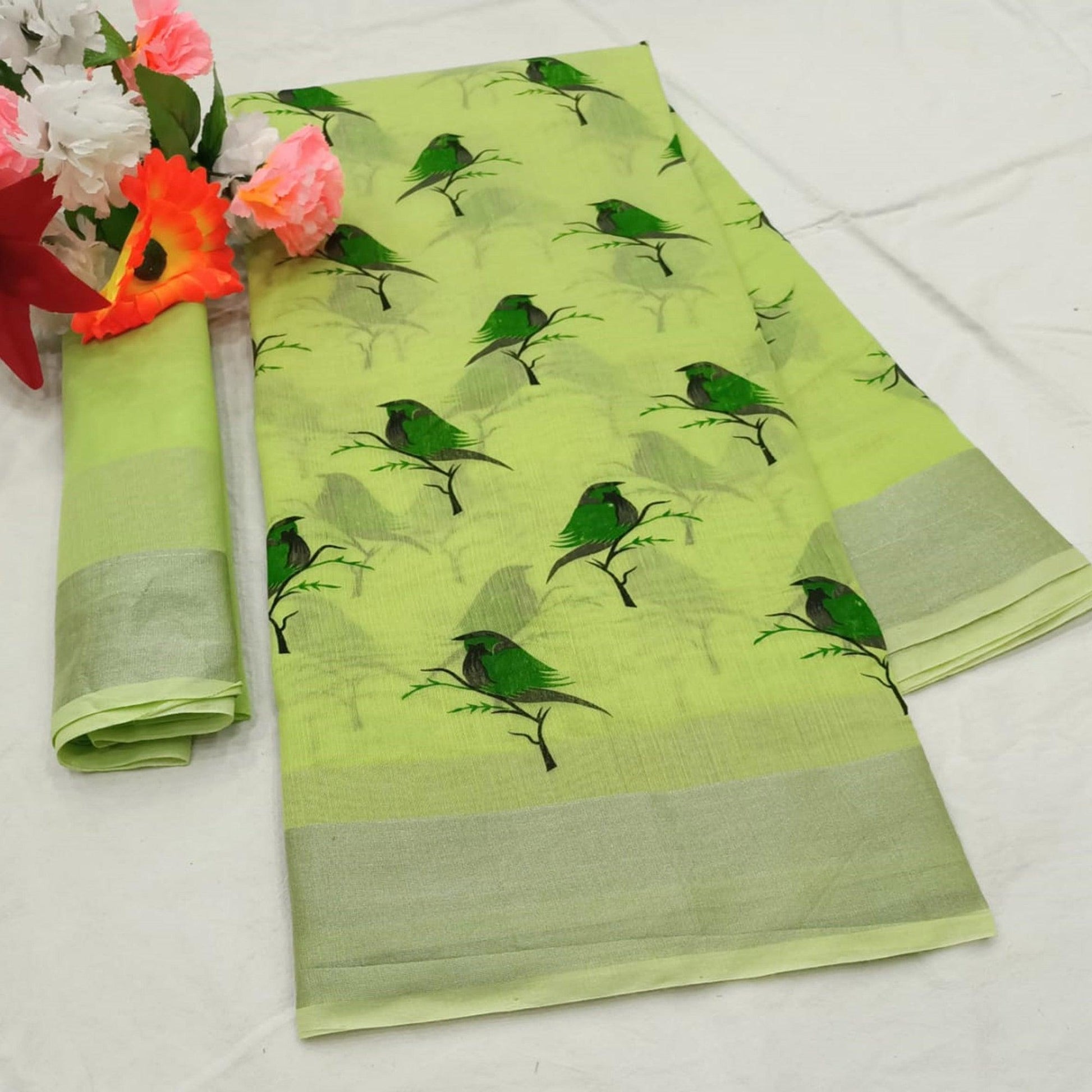Classy Green Colored Casual Wear Printed Cotton Linen Saree