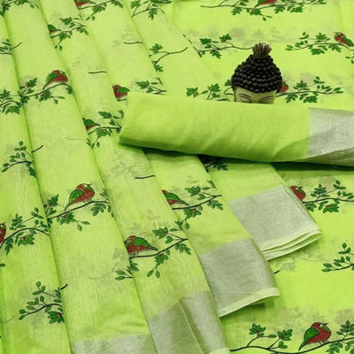 Classy Green Colored Casual Wear Printed Cotton Linen Saree
