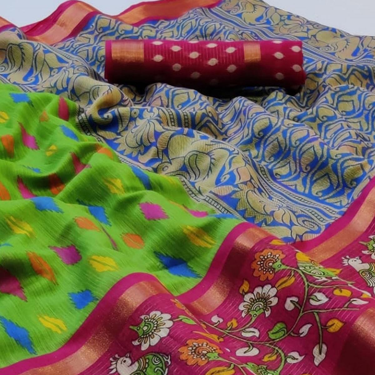 Classy Green Colored Casual Wear Printed Cotton Saree