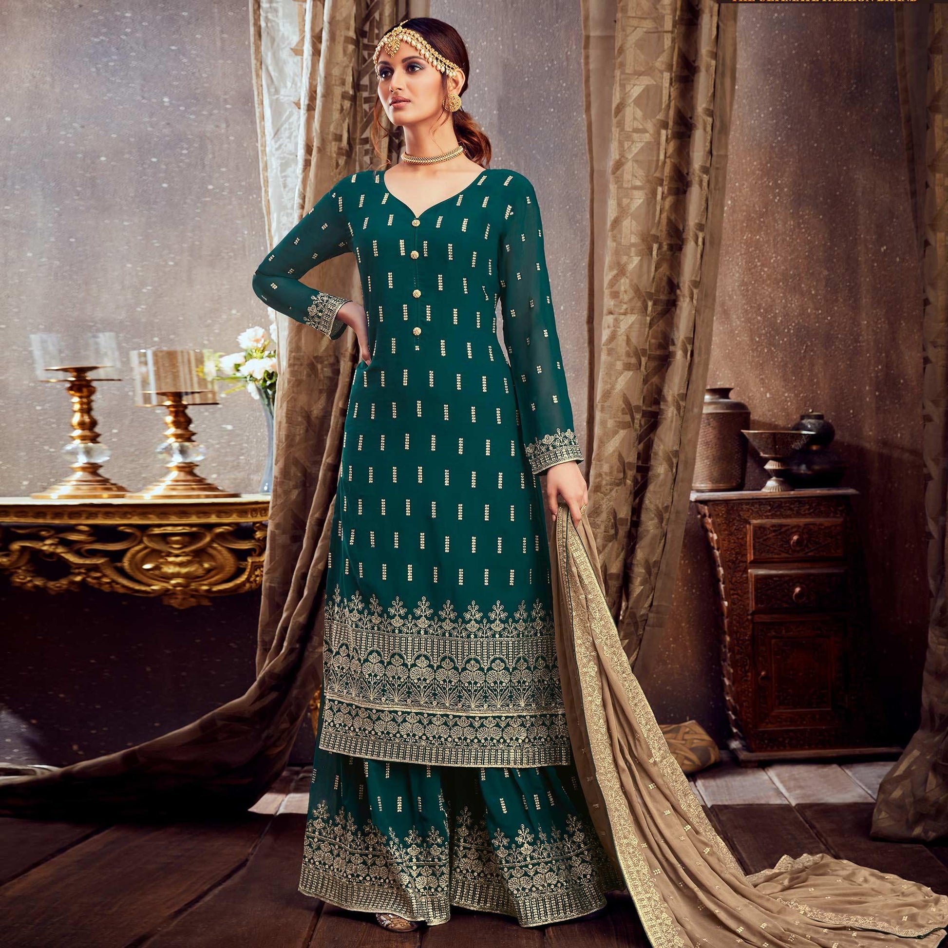 Classy Green Colored Partywear Embroidered Pure Georgette Palazzo Suit