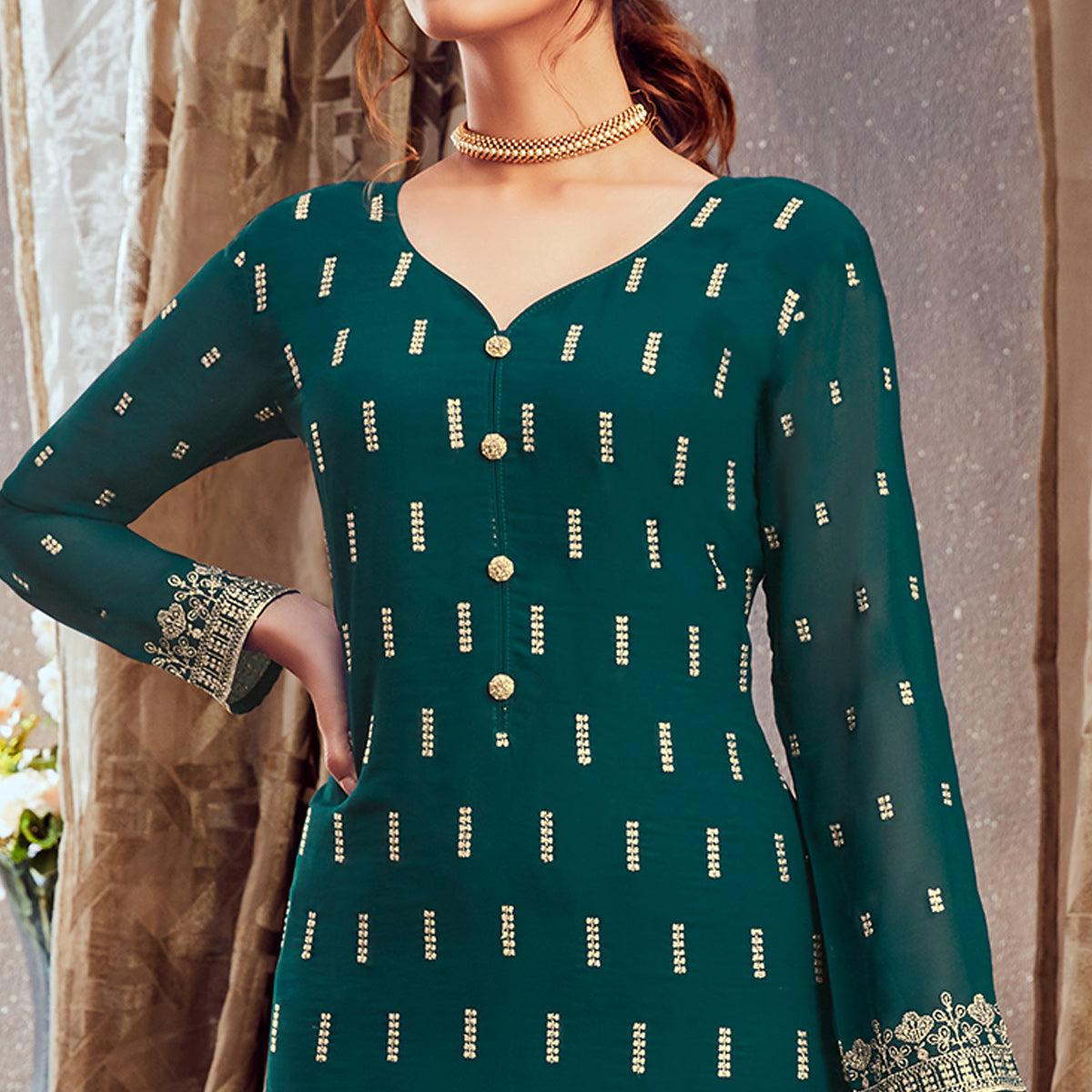 Classy Green Colored Partywear Embroidered Pure Georgette Palazzo Suit
