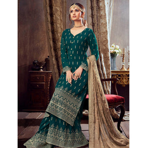 Classy Green Colored Partywear Embroidered Pure Georgette Palazzo Suit