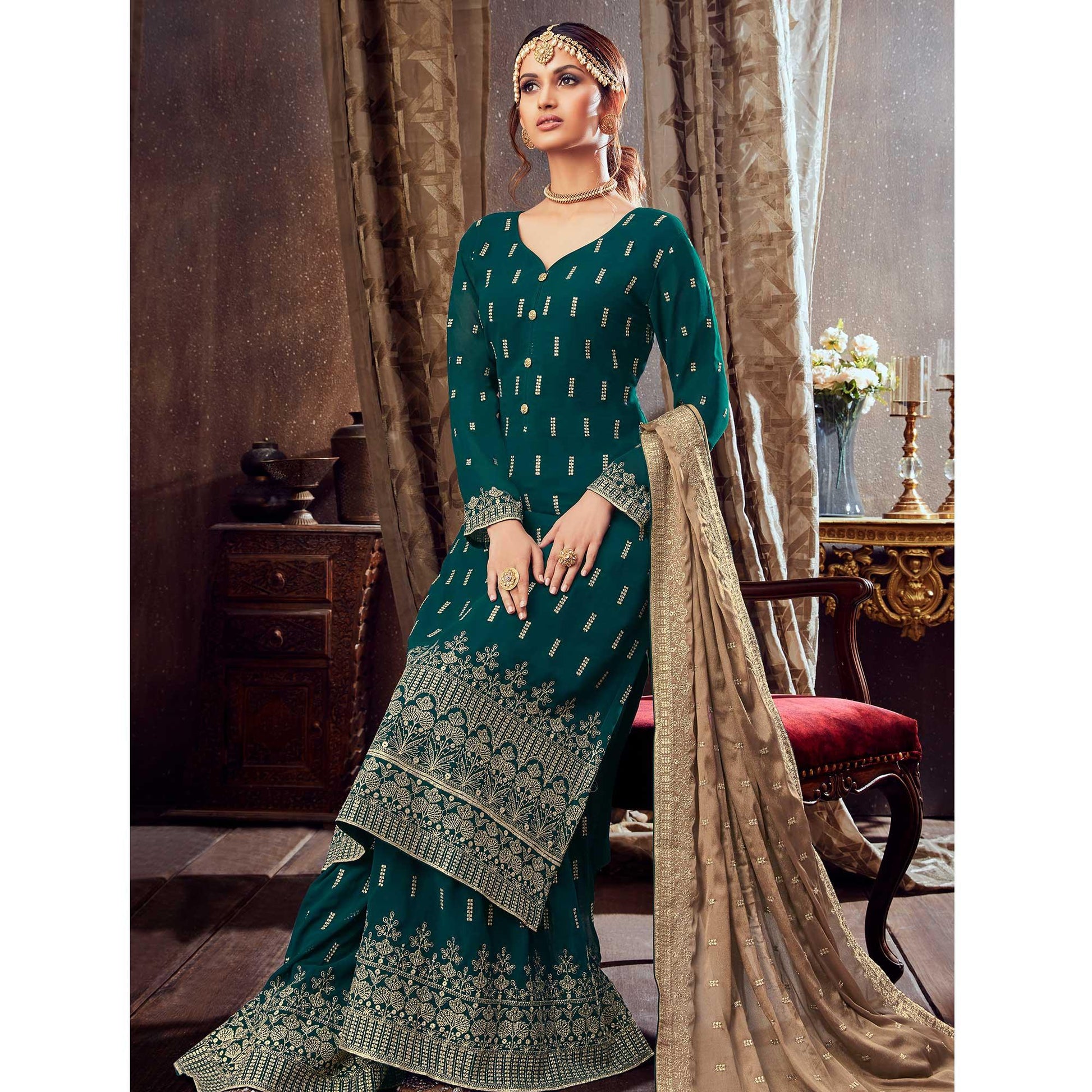 Classy Green Colored Partywear Embroidered Pure Georgette Palazzo Suit