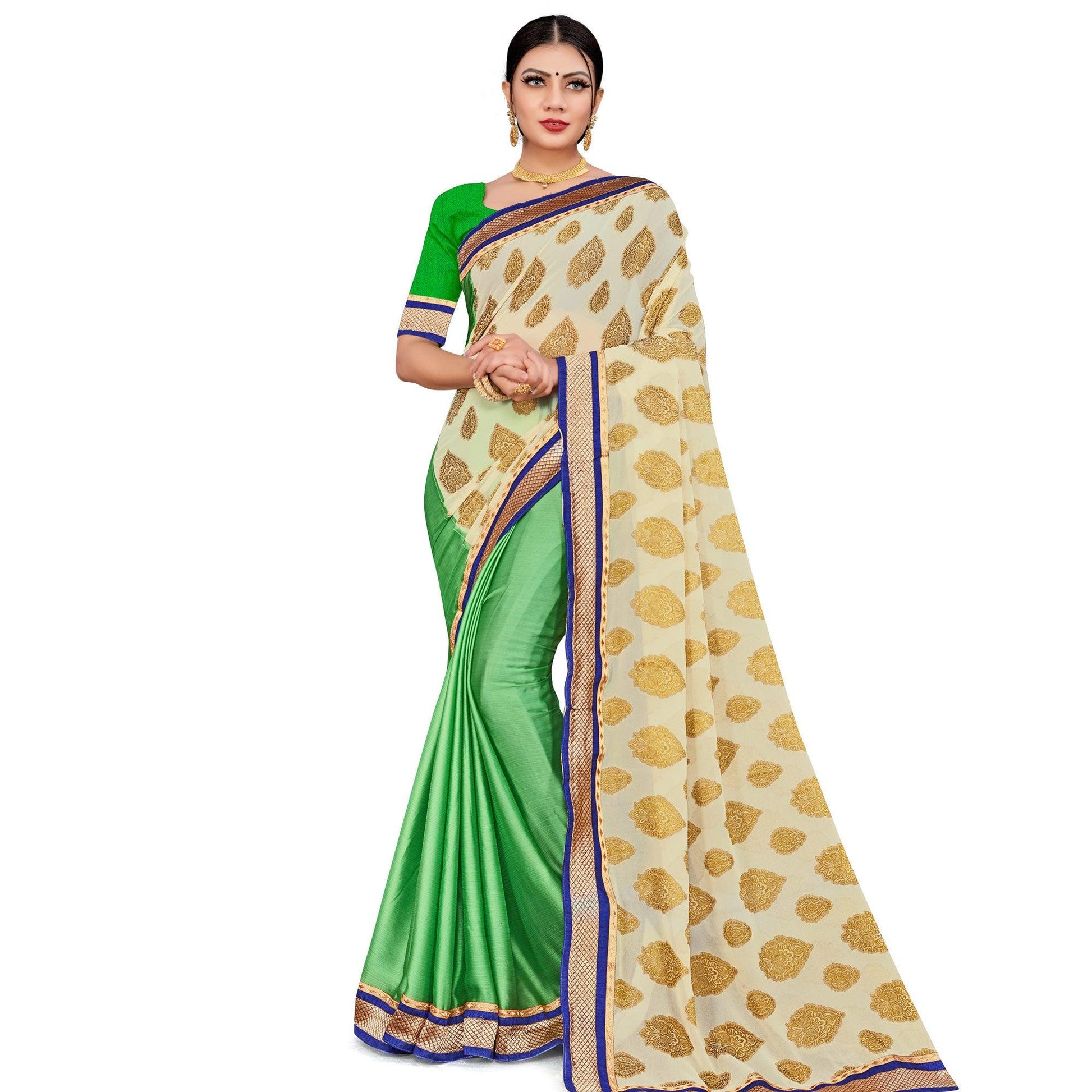 Classy Green-Cream Colored party Wear Georgette Half-Half Saree
