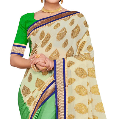 Classy Green-Cream Colored party Wear Georgette Half-Half Saree