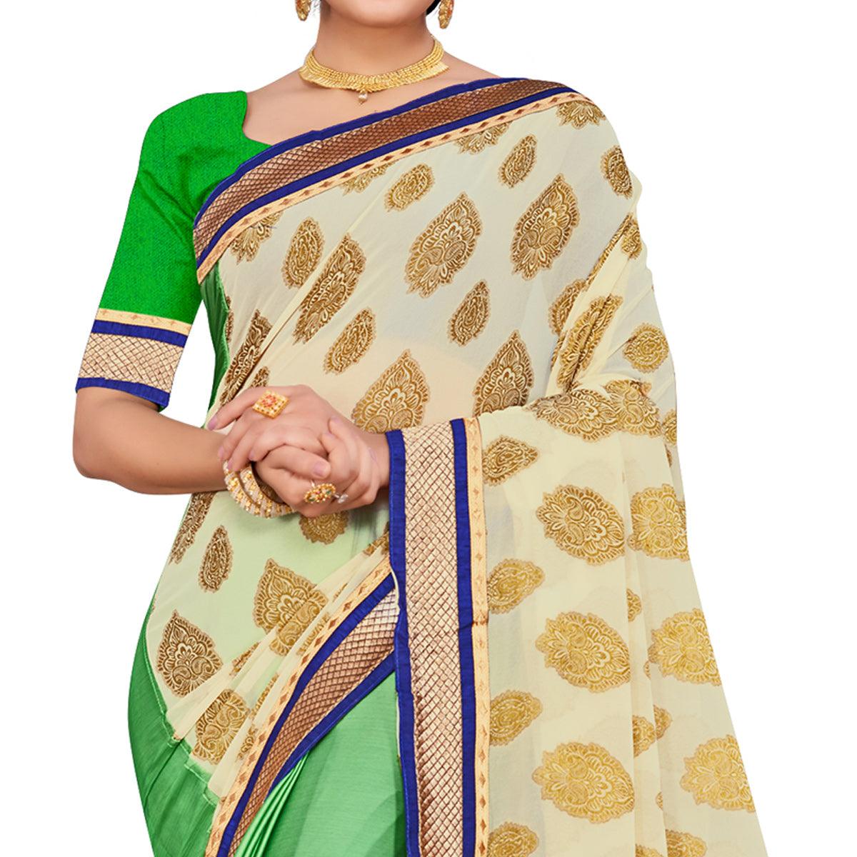 Classy Green-Cream Colored party Wear Georgette Half-Half Saree