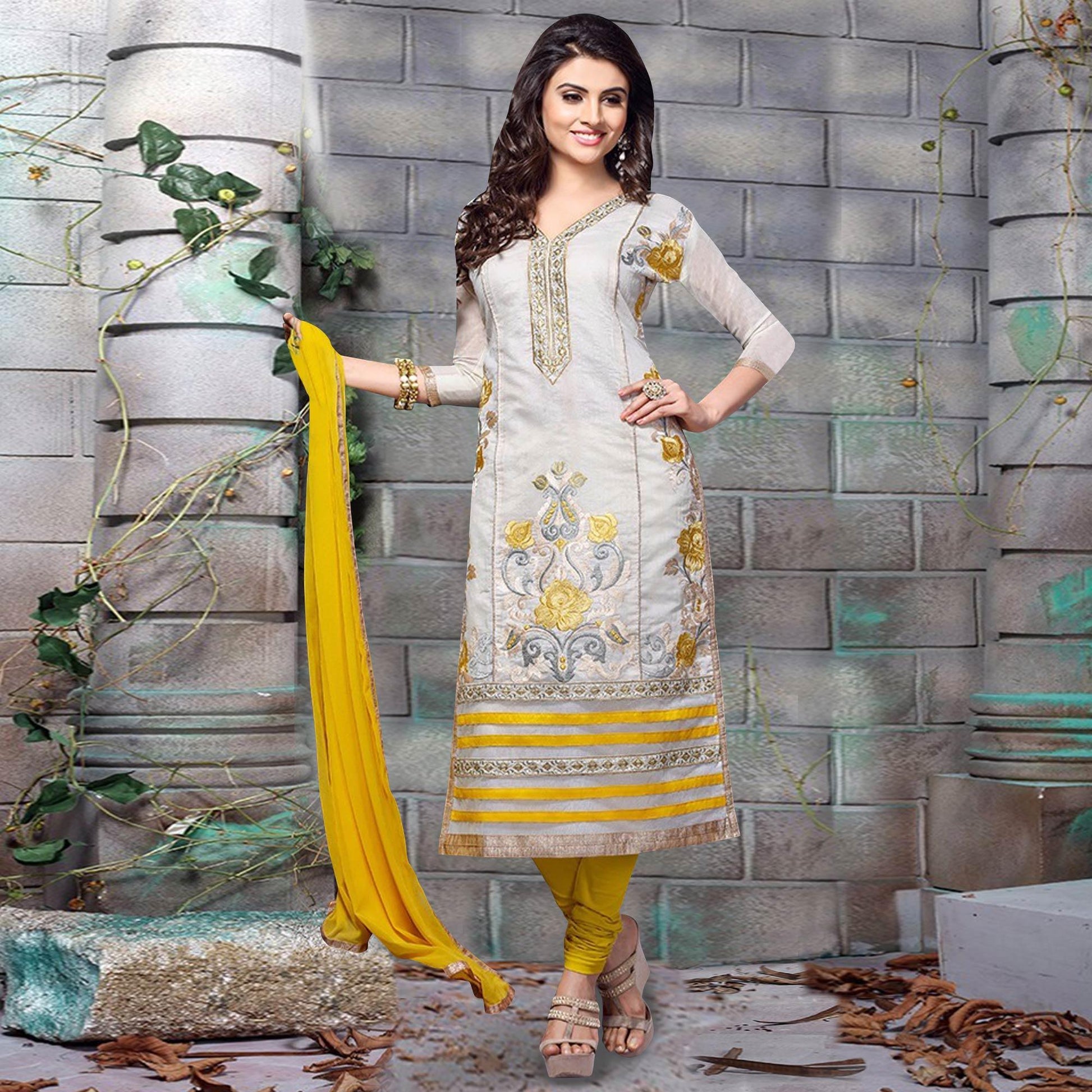 Classy Grey Colored Party Wear Embroidered Chanderi Dress Material