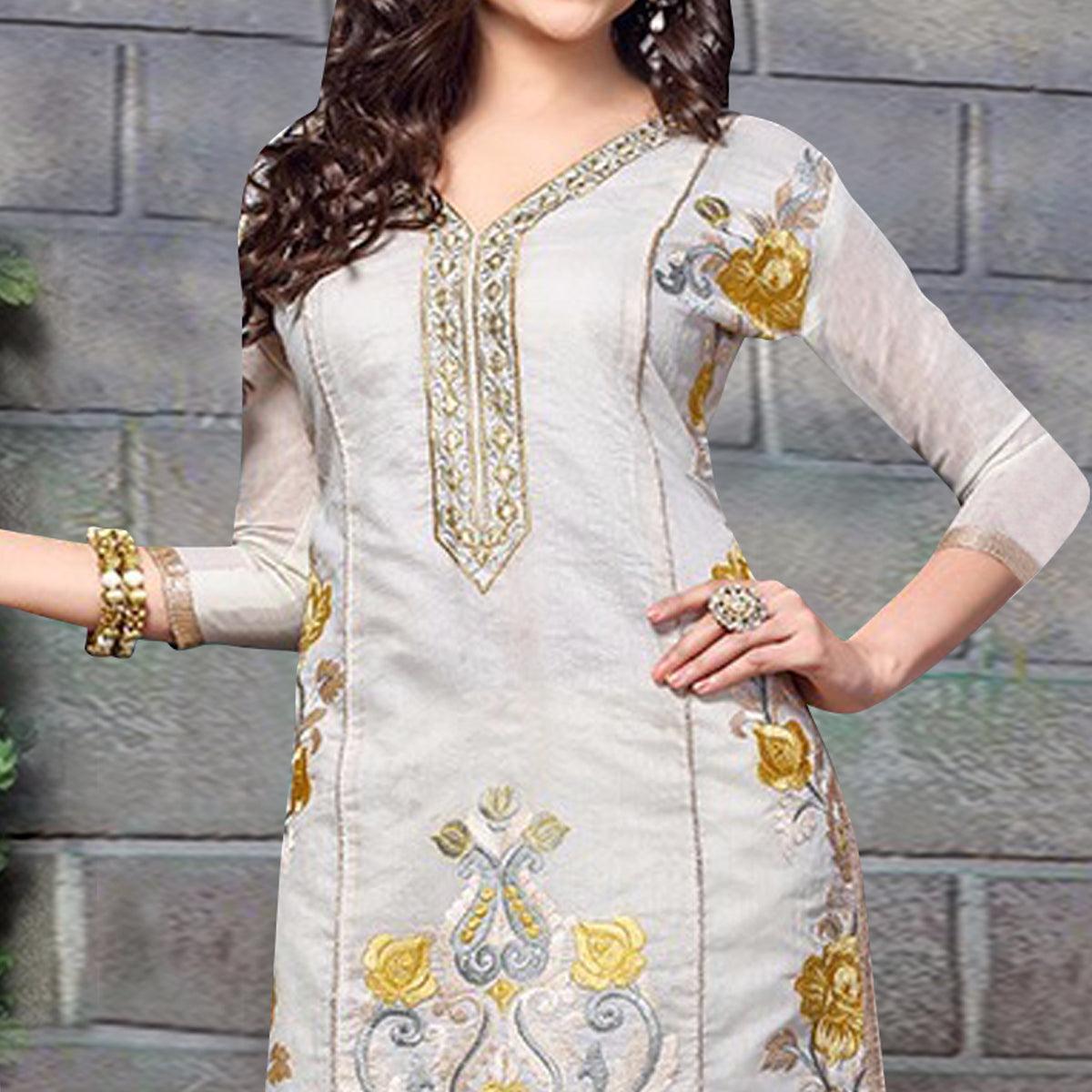 Classy Grey Colored Party Wear Embroidered Chanderi Dress Material