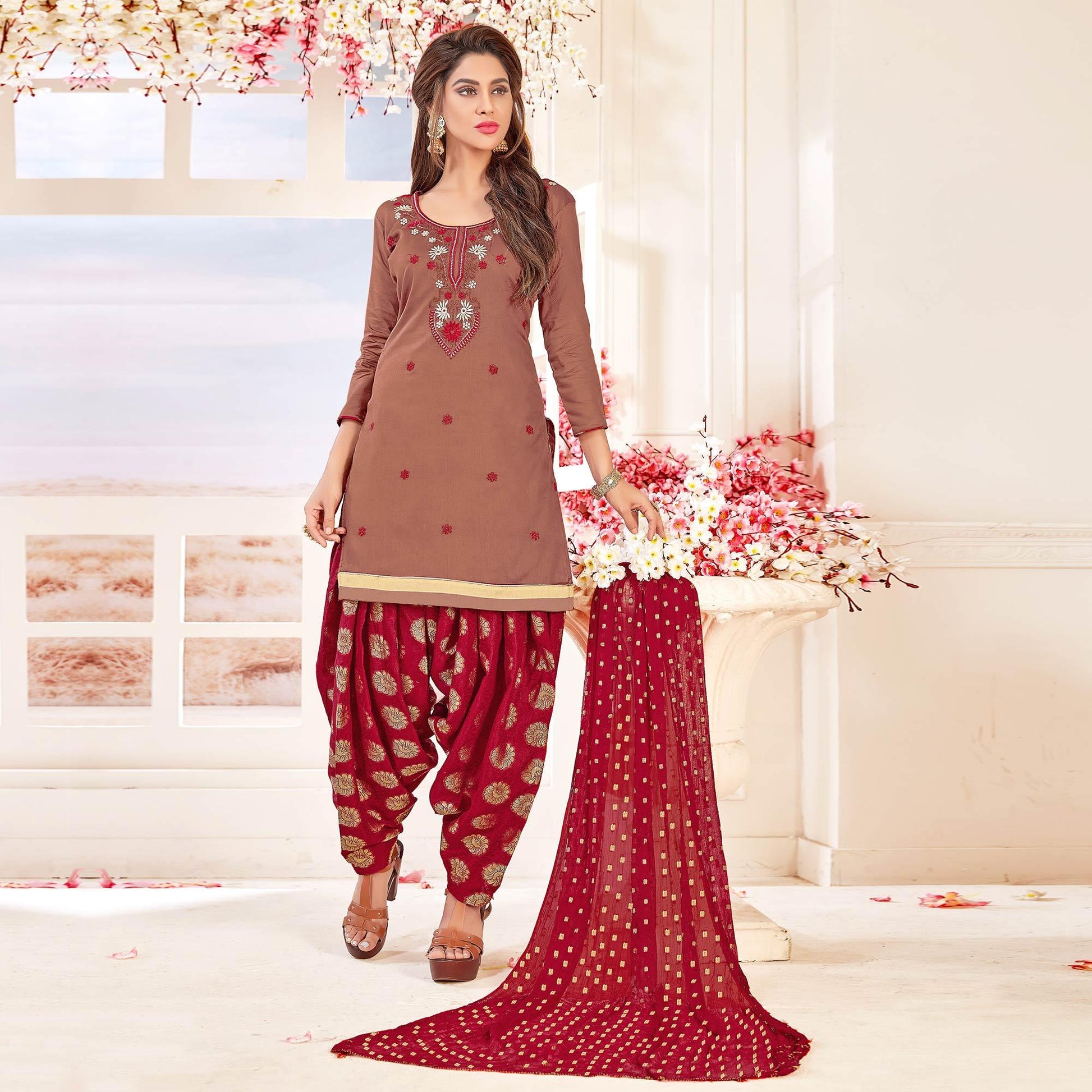 Classy Light Coffee Brown Colored Partywear Embroidered Cotton Dress Material