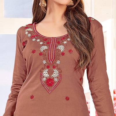 Classy Light Coffee Brown Colored Partywear Embroidered Cotton Dress Material