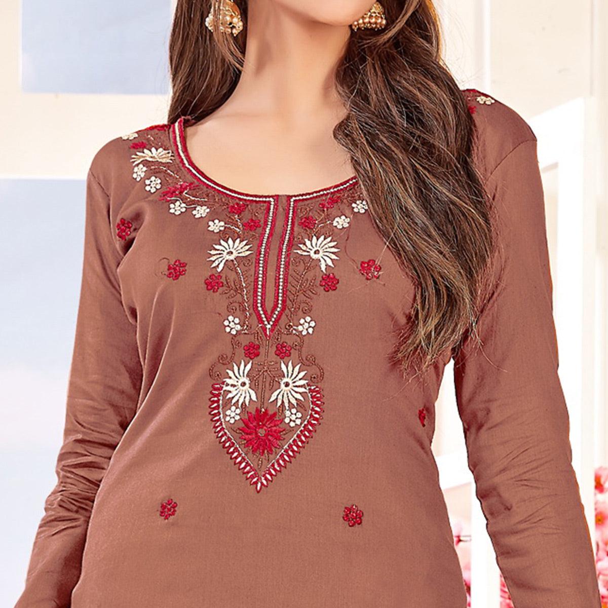 Classy Light Coffee Brown Colored Partywear Embroidered Cotton Dress Material