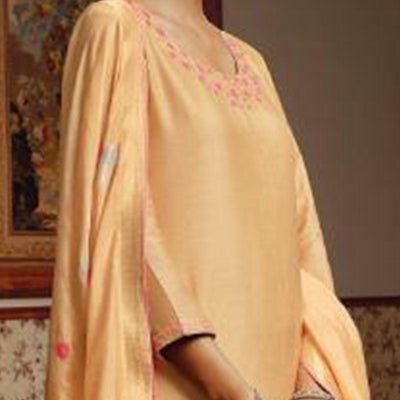 Classy Light Orange Colored Partywear Embroidered Pure Silk Suit