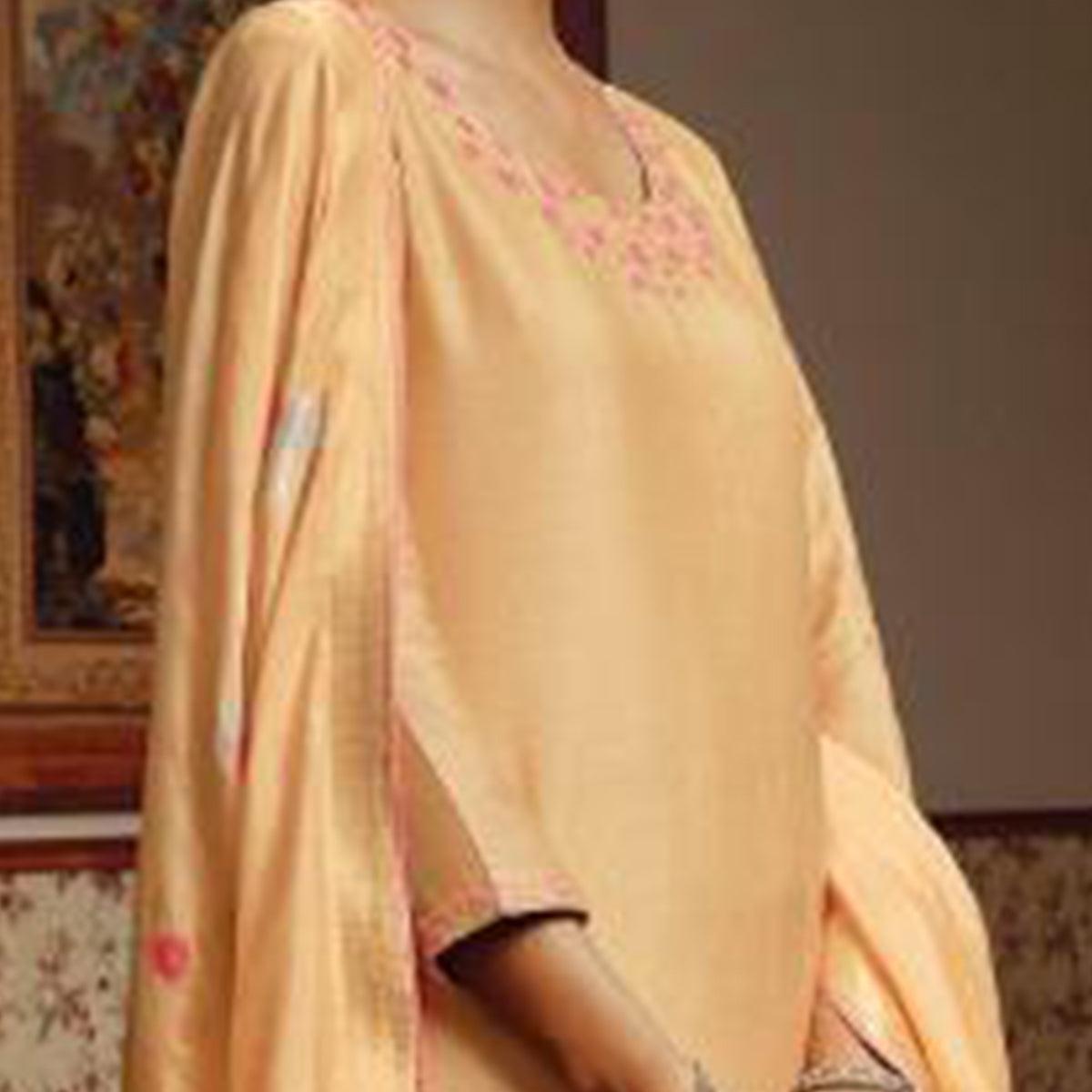 Classy Light Orange Colored Partywear Embroidered Pure Silk Suit