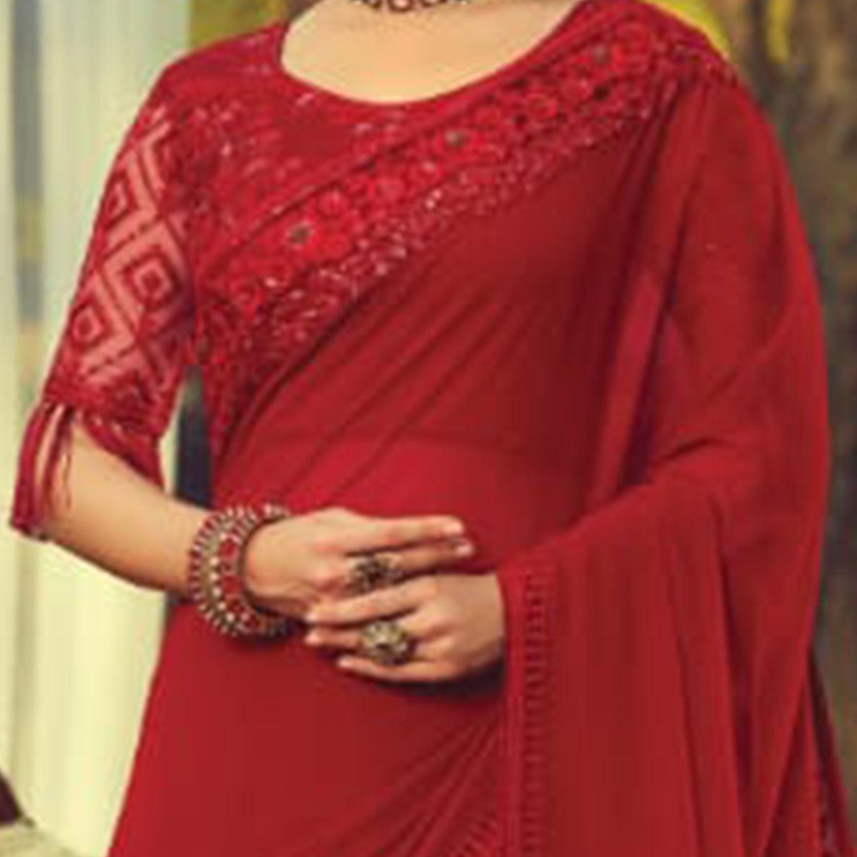 Classy Maroon Colored Partywear Embroidered Georgette Saree