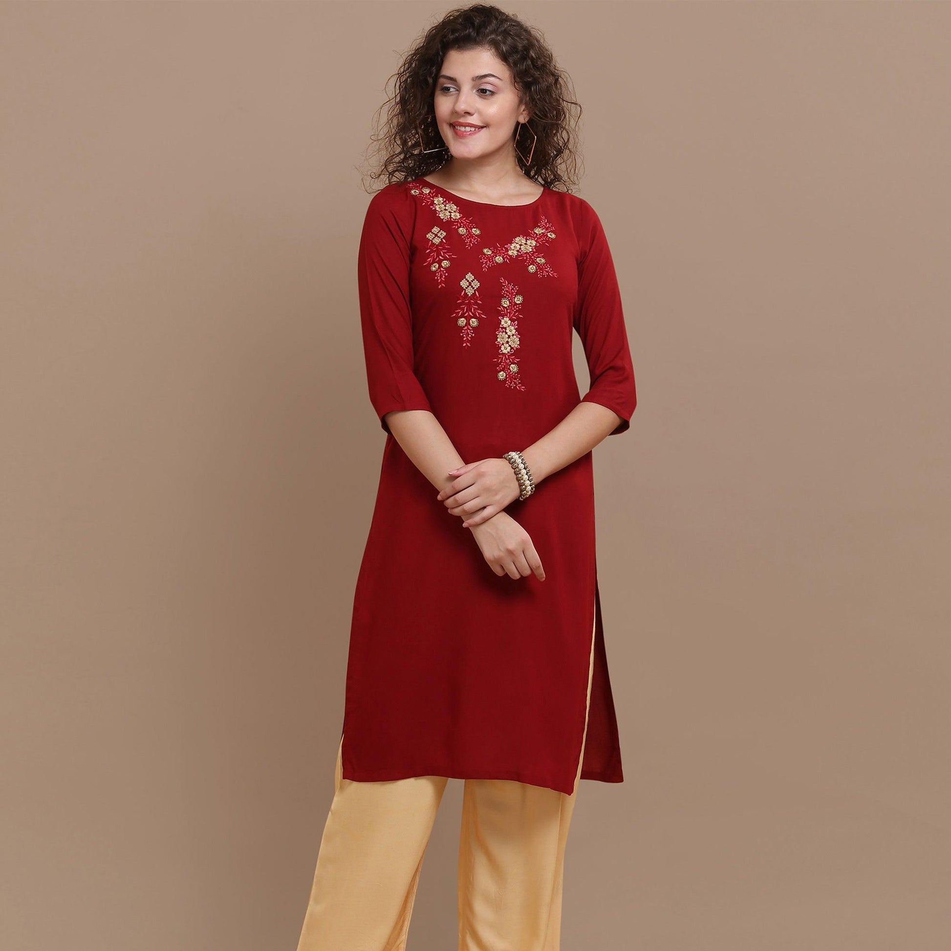 Classy Maroon Colored Partywear Floral Embroidered Rayon Kurti